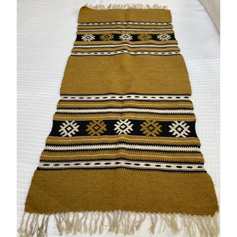 Vintage Handwoven Wool Kilim Rug Flat weave Mexican Southwest Gold Black - Picture 3 of 8